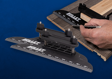 a person using the stair tread tool to measure the tread during a stair installation